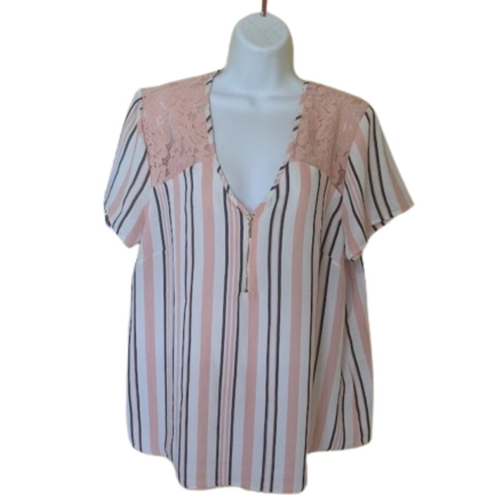 Short Sleeve Peach and White Blousy V-Neck Top Size XL